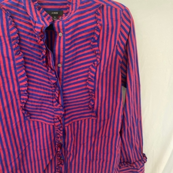 Jcrew tuxedo stripe ruffle blouse button down black and deep red/ plum small - Picture 5 of 7